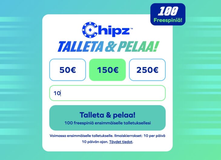 10 euron talletuksella saa 100 ilmaiskierrosta Chipz casinolla